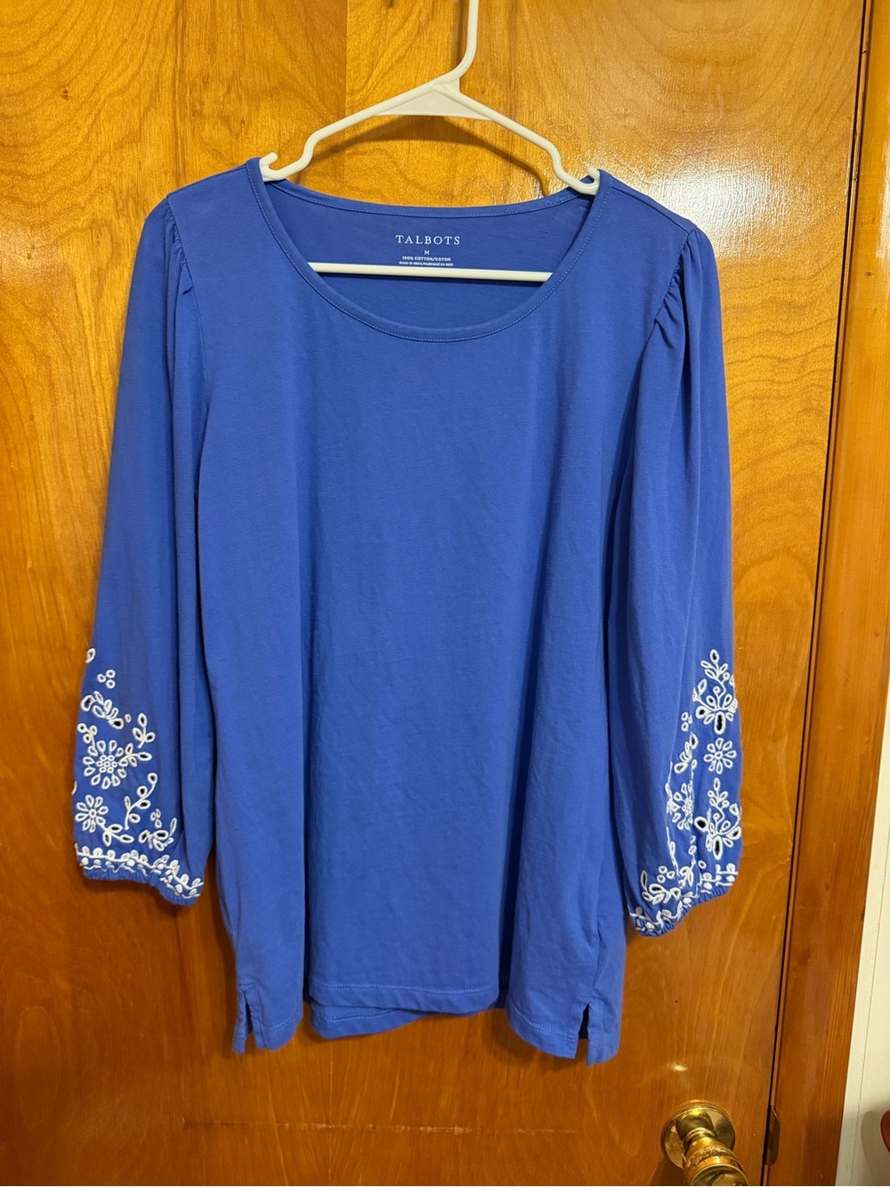 Talbots Royal Blue Long Sleeve Top with White Embroidered Sleeves